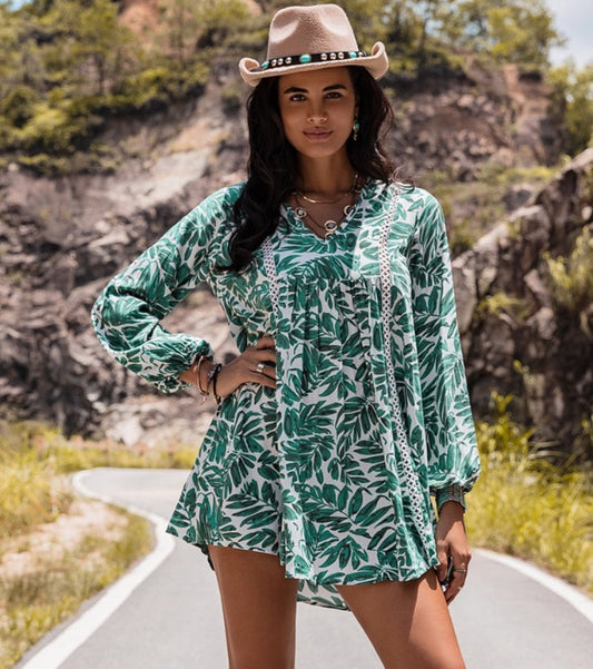 Palm Breeze V-Neck Mini Dress