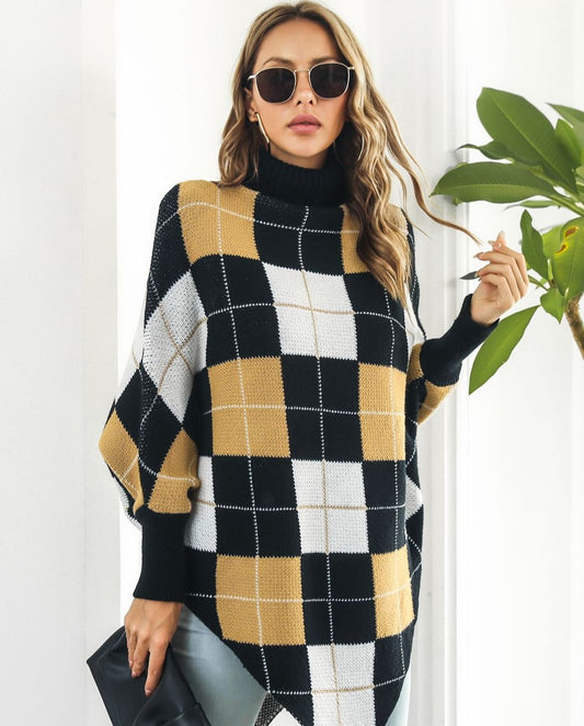 Keshia Plaid Turtleneck Dolman Poncho