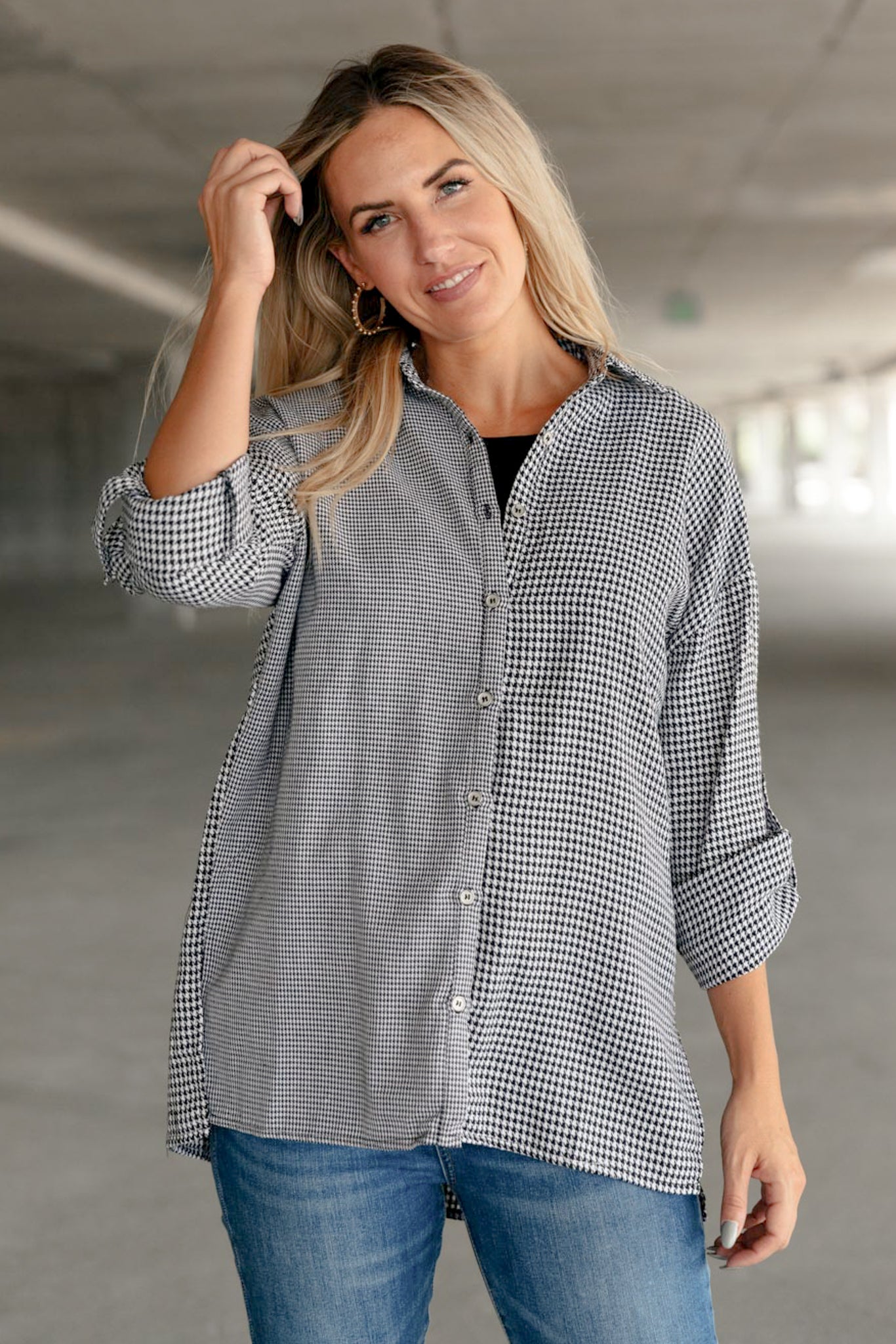 Mixed Houndstooth Button-Up Top