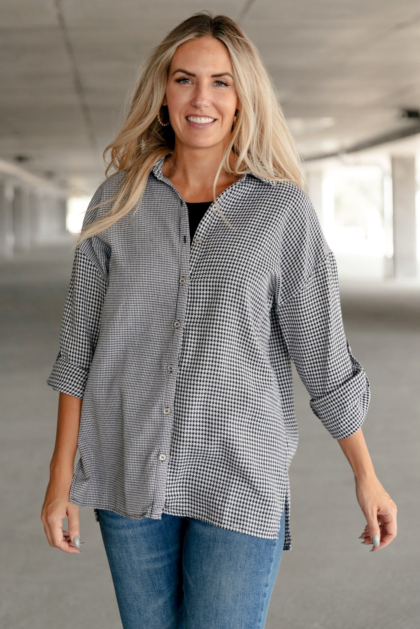 Mixed Houndstooth Button-Up Top