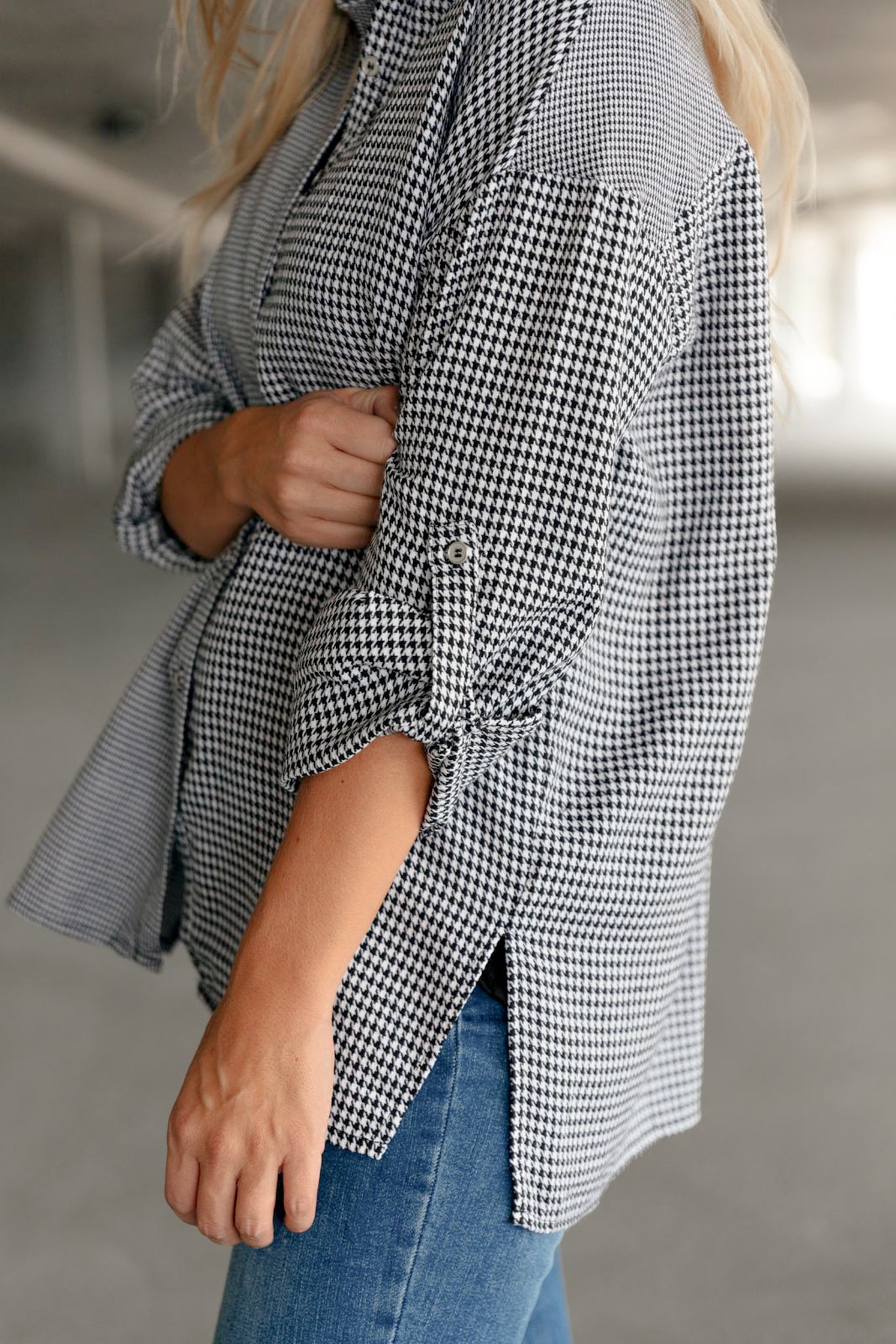 Mixed Houndstooth Button-Up Top