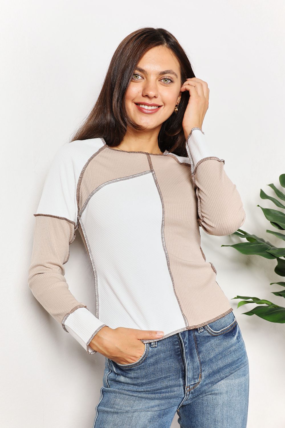 Khaki Color Block Exposed Seam Top