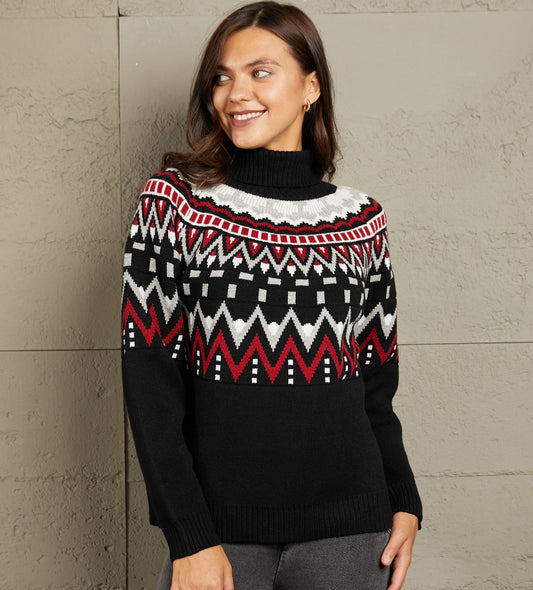 Chevron Turtleneck Ribbed Sweater