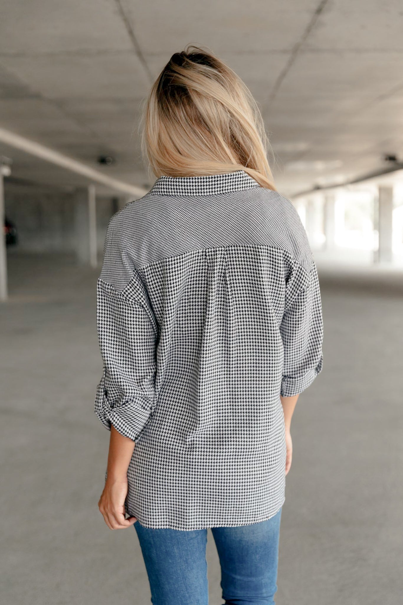 Mixed Houndstooth Button-Up Top