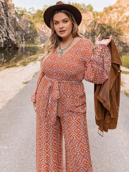 Floral Tie Front Balloon Sleeve Jumpsuit | Curvy