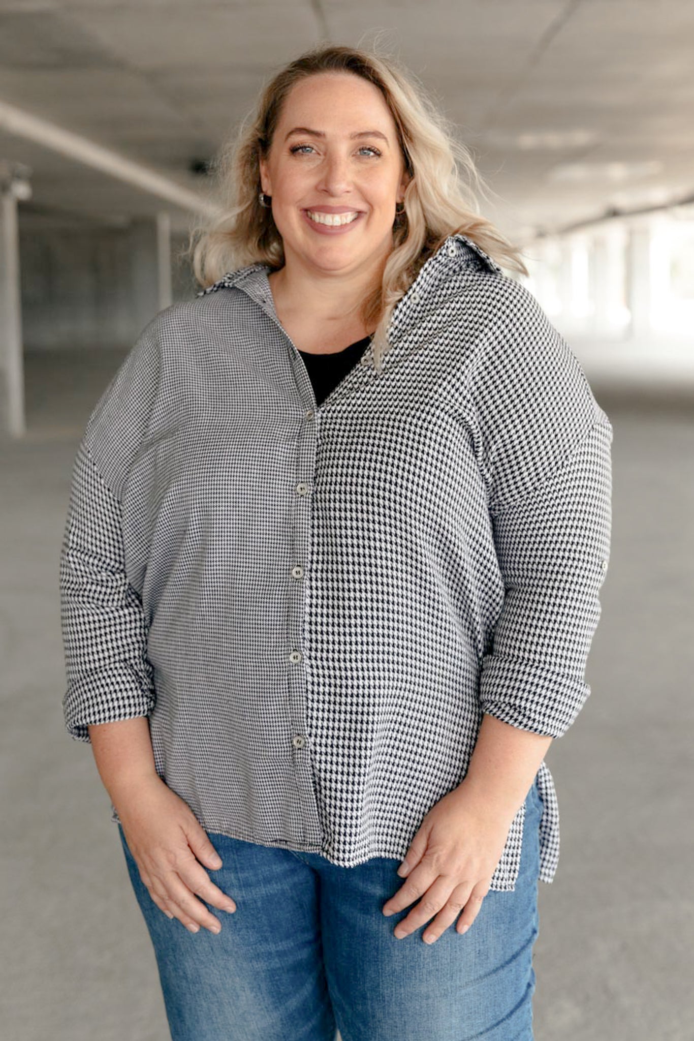 Mixed Houndstooth Button-Up Top