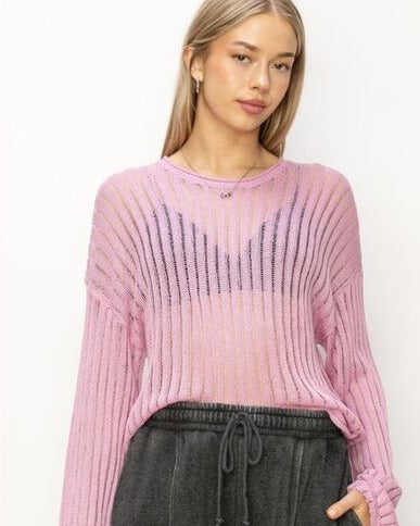 Openwork Ribbed Long Sleeve Knit Top