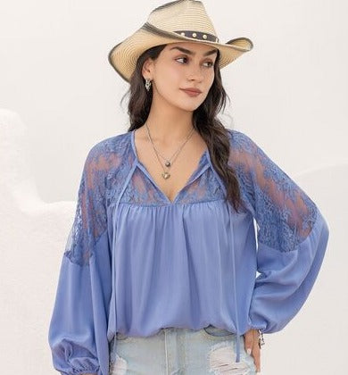 Dusty Blue Lace Balloon Sleeve Blouse