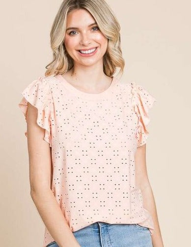 Eyelet Ruffled Cap Sleeve Top