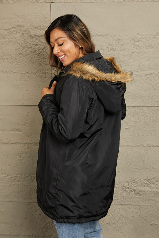 Keeping Warm Faux Fur Trim Hooded Puffer Jacket