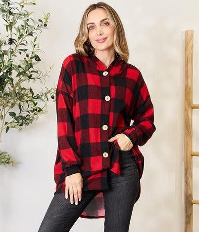 Buffalo Plaid Button Front Hooded Top