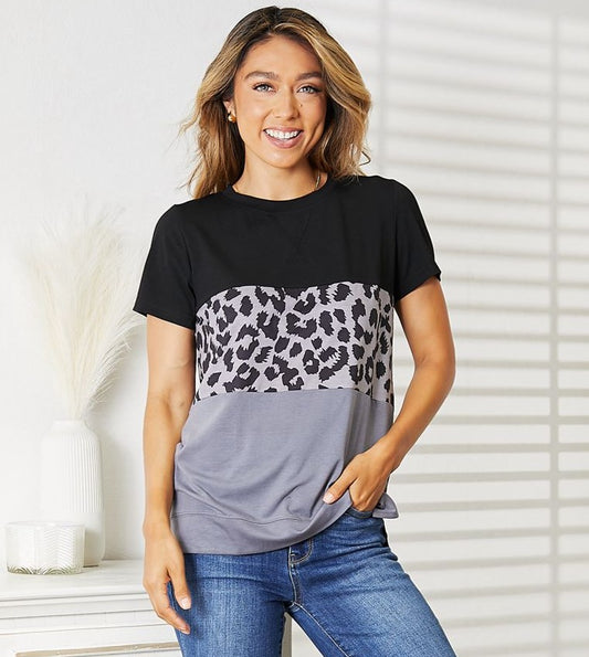 Winter Leopard Color Block Top