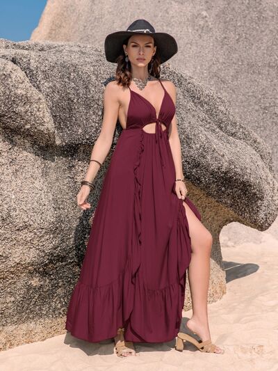 Crisscross Drawstring Ruffle Trim Maxi Dress