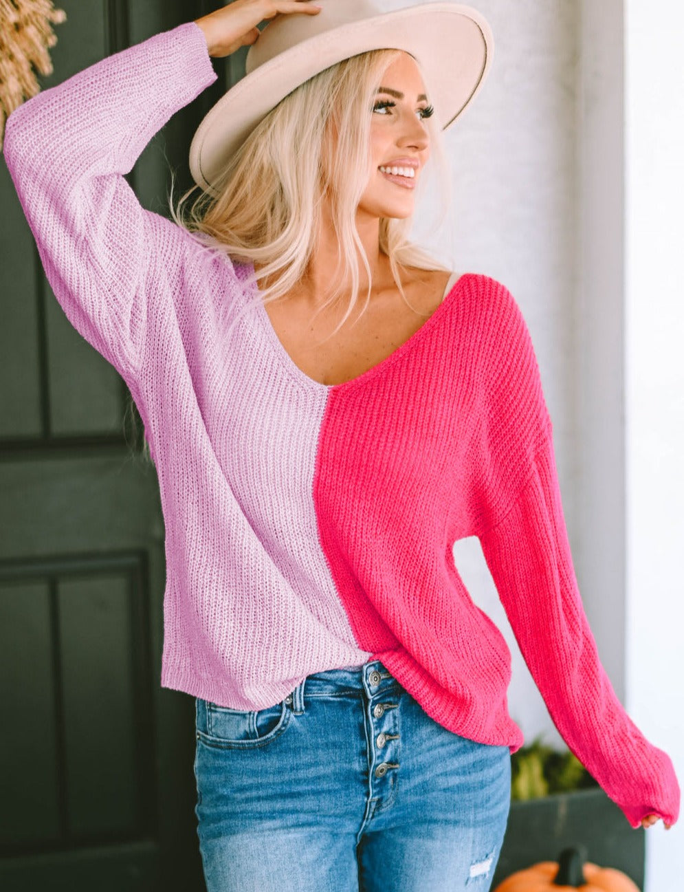 Pink Hues Contrast Color Pullover Sweater
