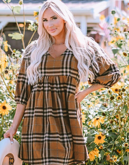 Caramel Plaid Balloon Sleeve Dress