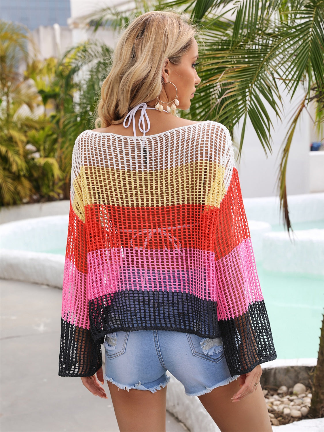 Color Block Openwork Boat Neck Cover-Up