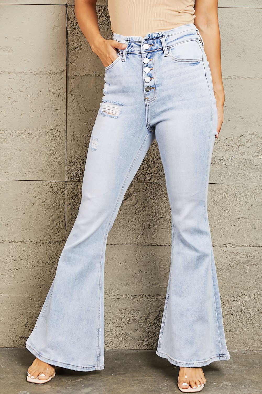 Free Fall High Waisted Button Fly Flare Jeans | Bayeas