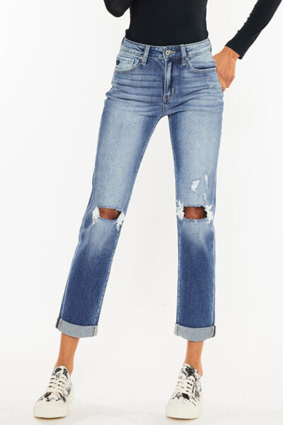 Cassie High-Waist Distressed Hem Cropped Straight Jeans | Kancan