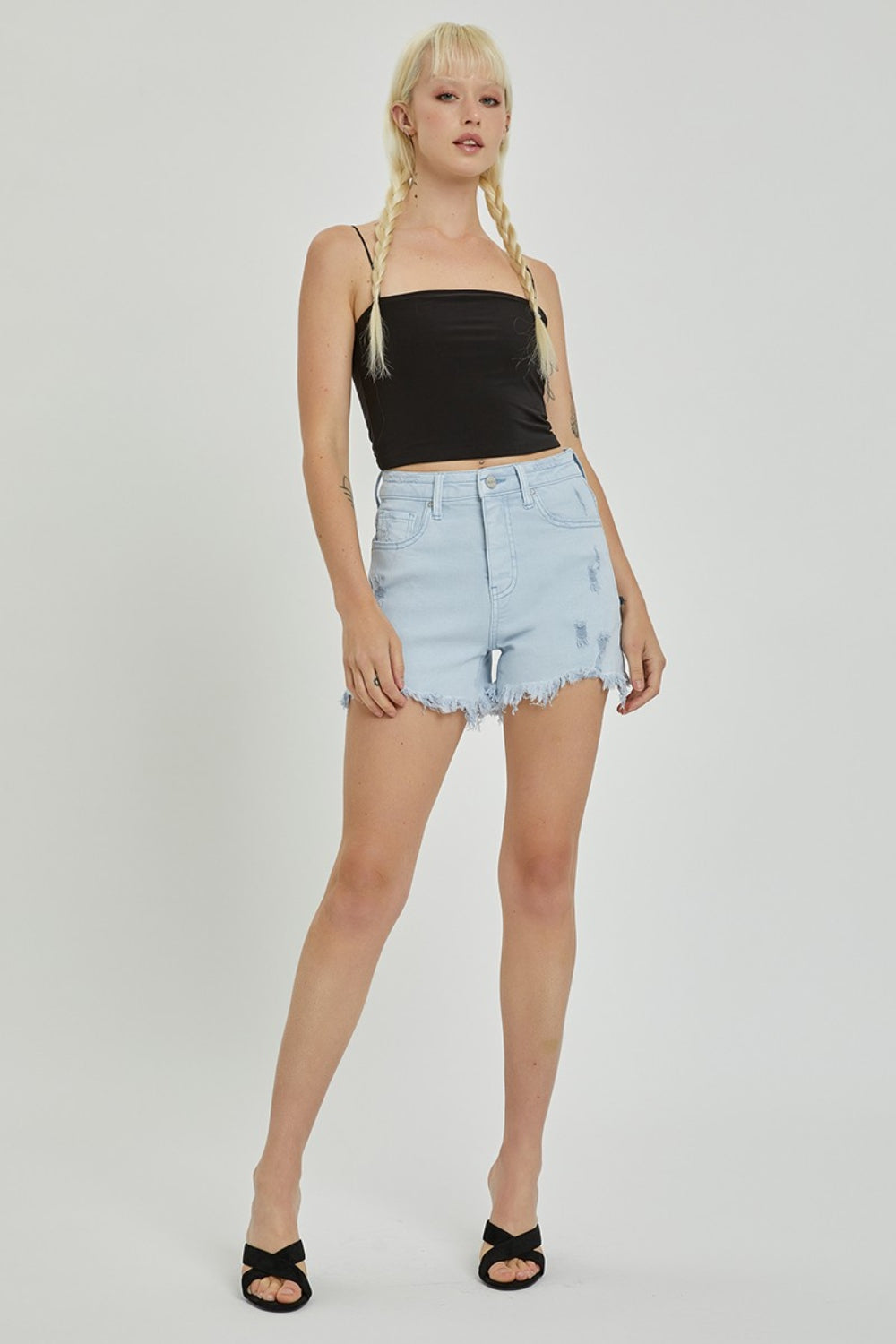 Aria High-Rise Distressed Denim Shorts | Risen