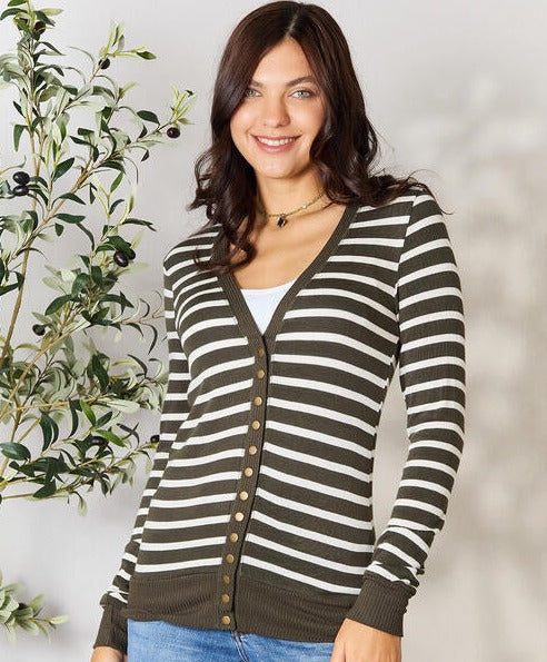 Olive Striped Snap Down Cardigan