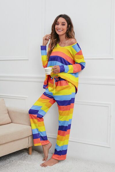 Striped Top & Drawstring Pants Lounge Set