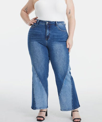Bold & Beautiful High-Waist Two-Tone Patched Wide Leg Jeans | Bayeas