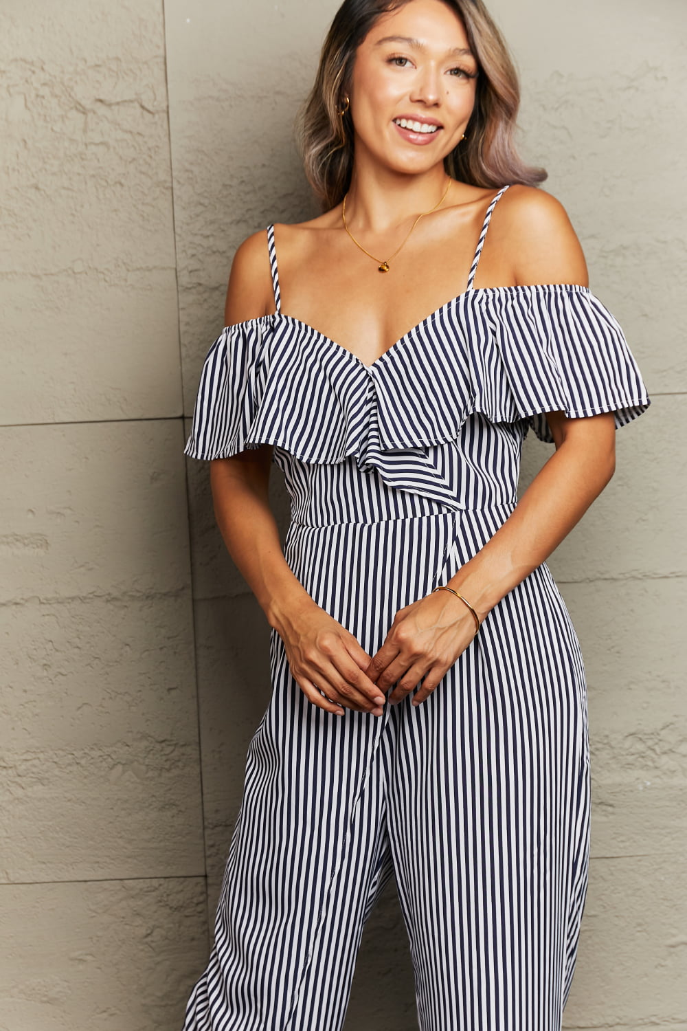 Out of the Blue Striped Cold-Shoulder Jumpsuit