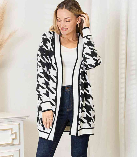 Houndstooth Open Front Longline Cardigan