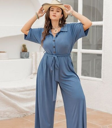 Dusty Blue Ribbed Tie-Waist Jumpsuit | Curvy