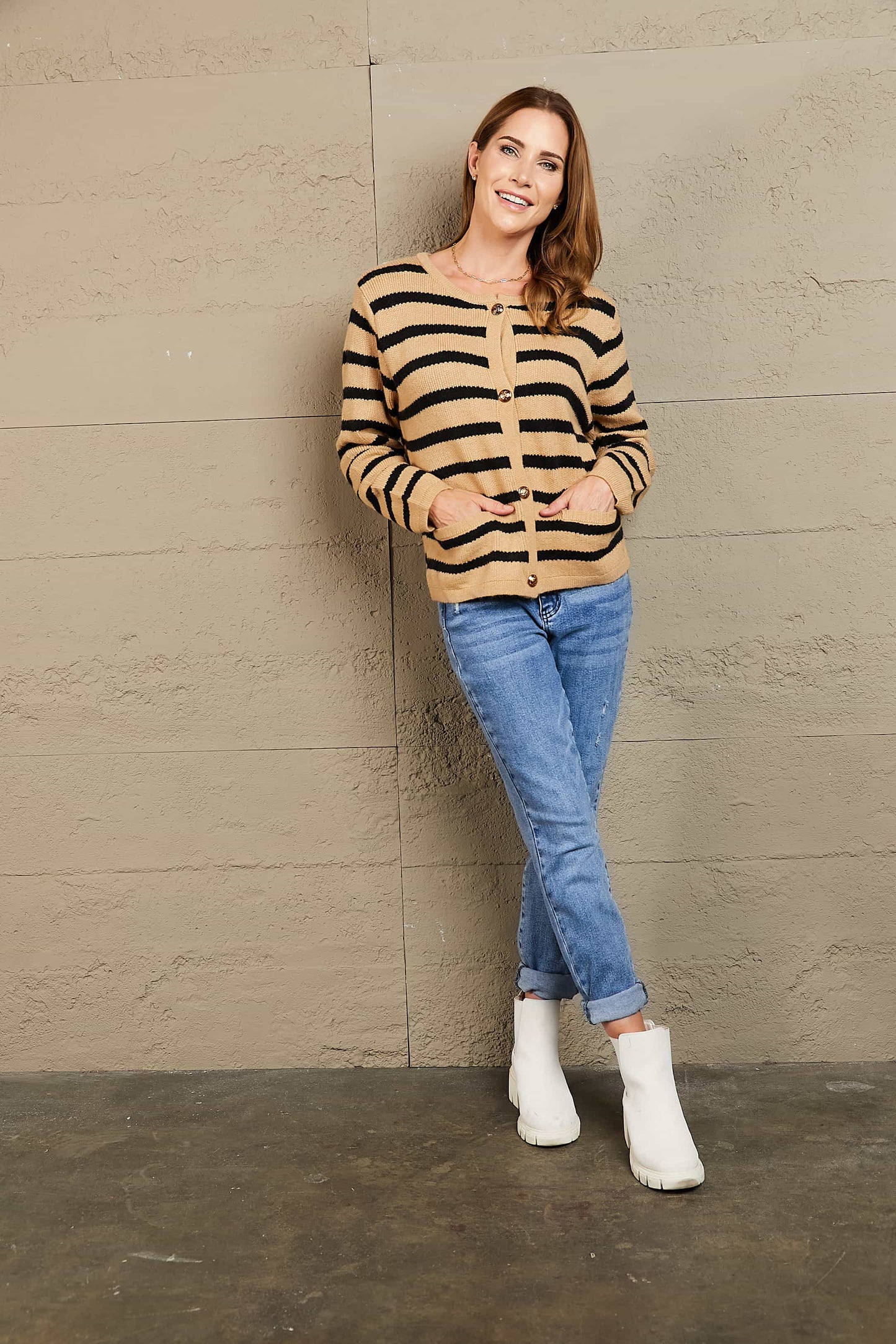 Oatmeal Striped Button Front Cardigan