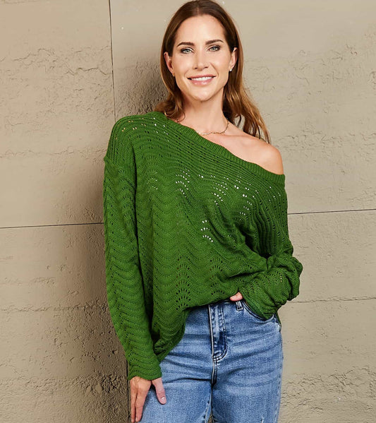 Scalloped Boat Neck Openwork Sweater | Multiple Colors