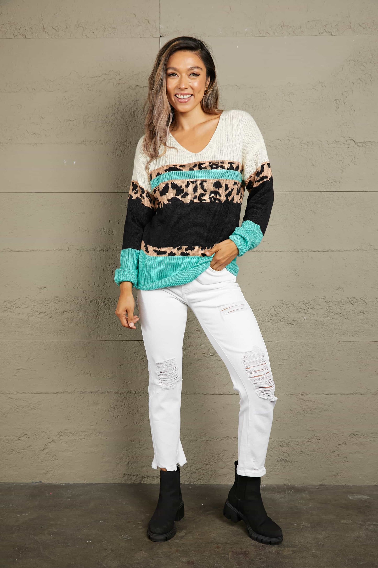 Leopard Color Block Rib-Knit Sweater