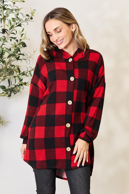Buffalo Plaid Button Front Hooded Top