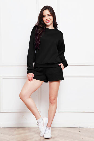 Relaxed Long Sleeve Sweatshirt & Drawstring Shorts Set