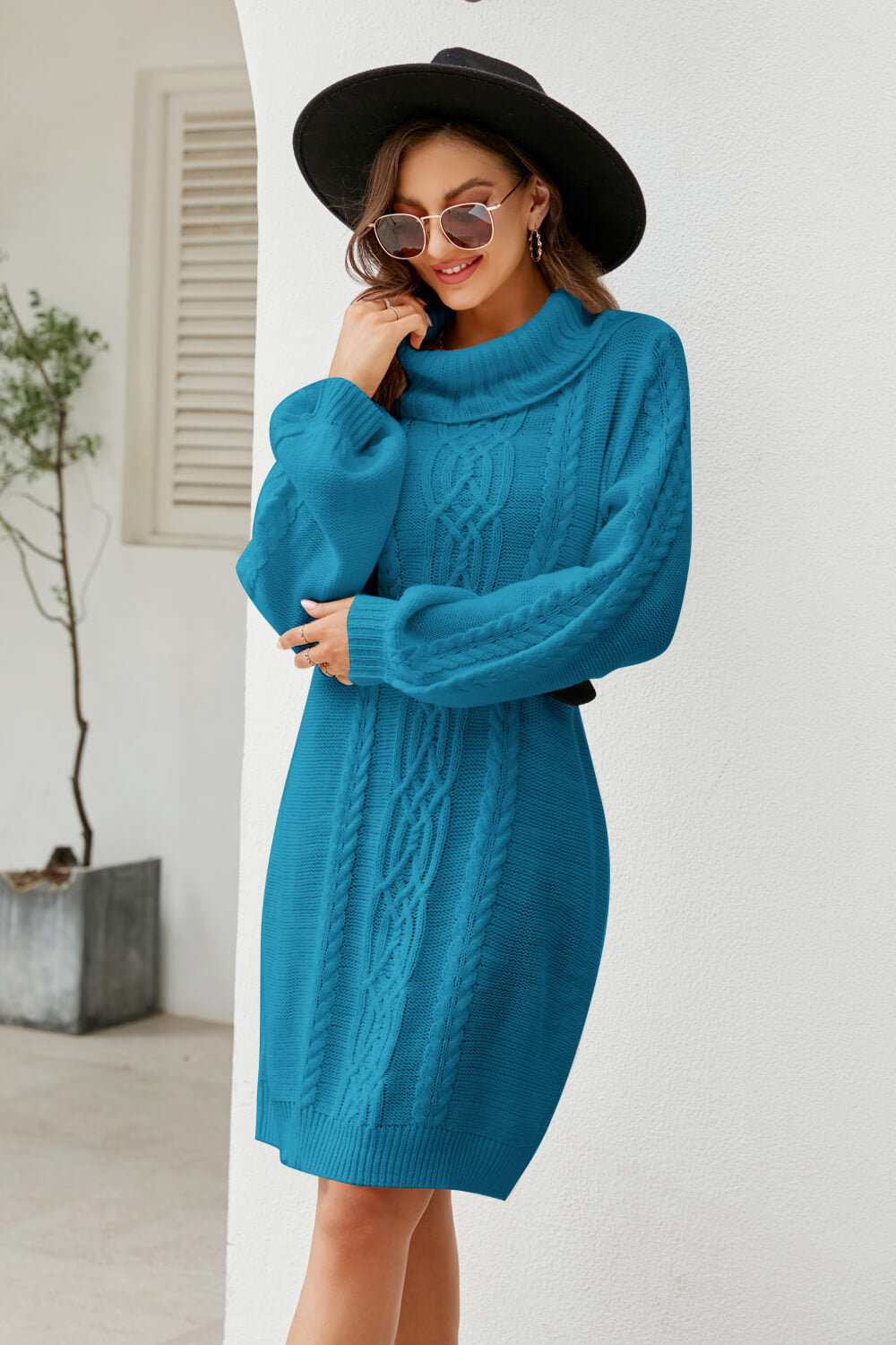 Mediterranean Mixed Knit Turtleneck Sweater Dress