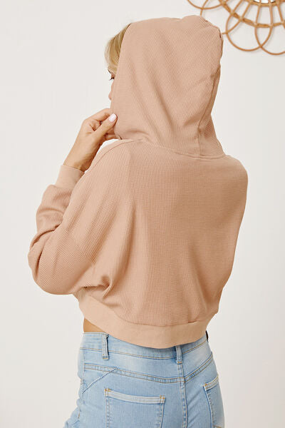 Waffle-Knit Drawstring Zip-Up Hoodie