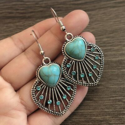 Turquoise Rhinestone Heart & Leaf Earrings