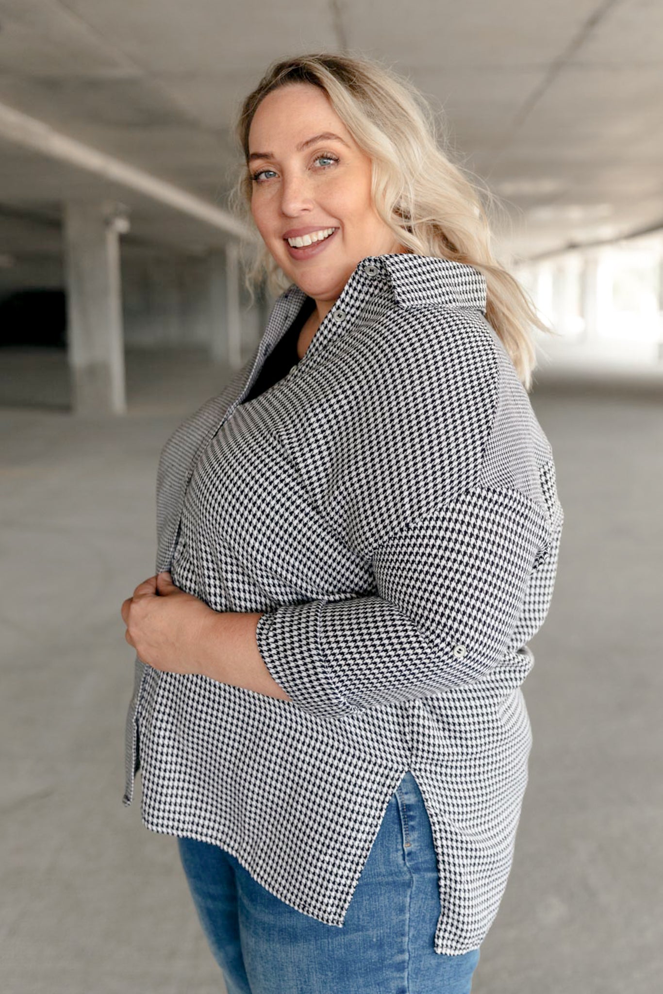 Mixed Houndstooth Button-Up Top