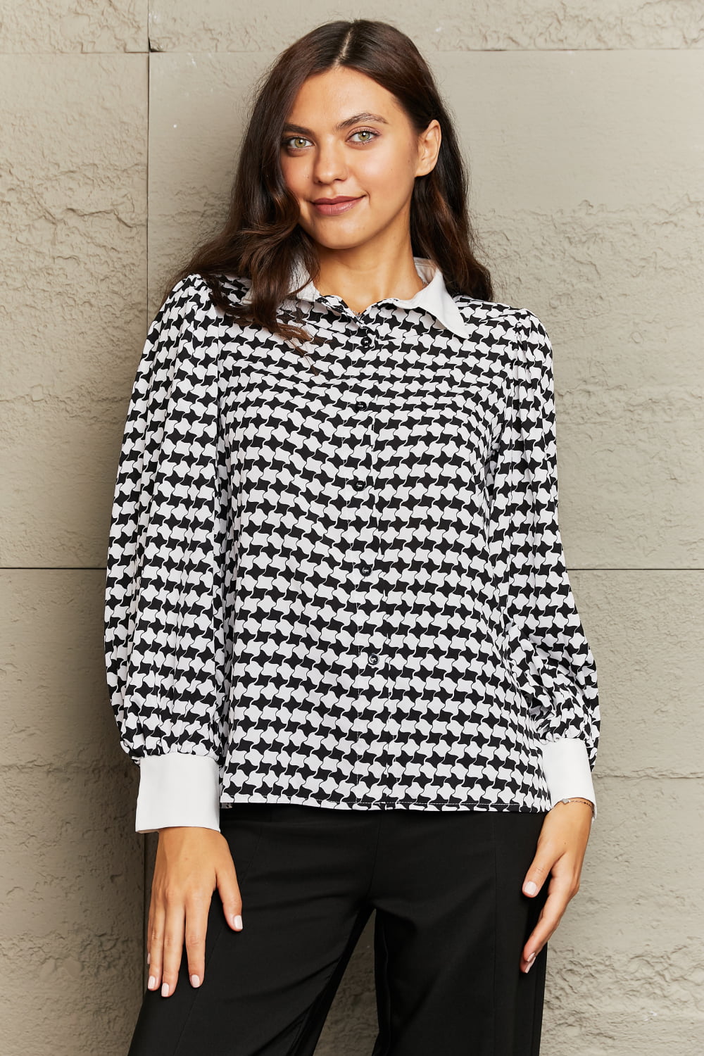 Houndstooth Lantern Sleeve Top