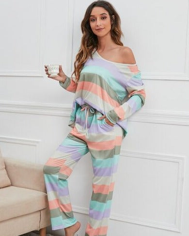 Striped Top & Drawstring Pants Lounge Set