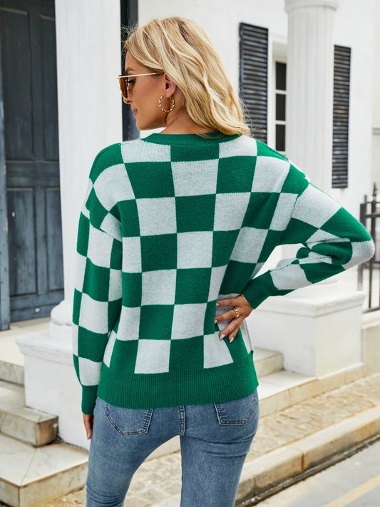 Emerald Hues Checkered Sweater