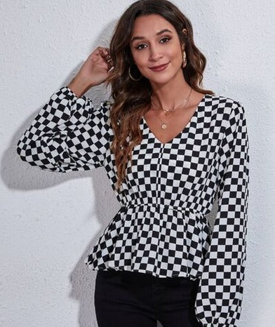 Checkered Balloon Sleeve Peplum Blouse