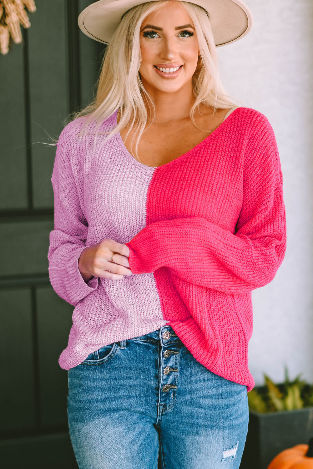 Pink Hues Contrast Color Pullover Sweater