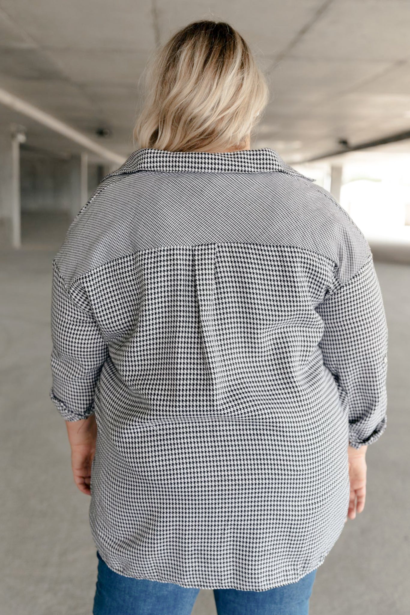 Mixed Houndstooth Button-Up Top