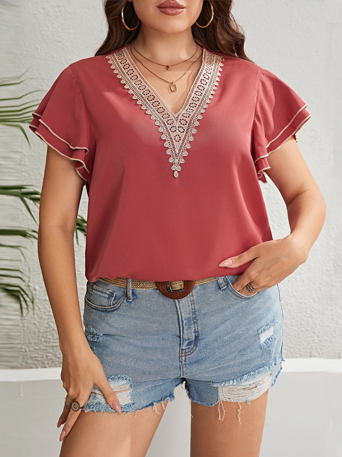 Lacey V-Neck Layered Flutter Sleeve Blouse | Curvy