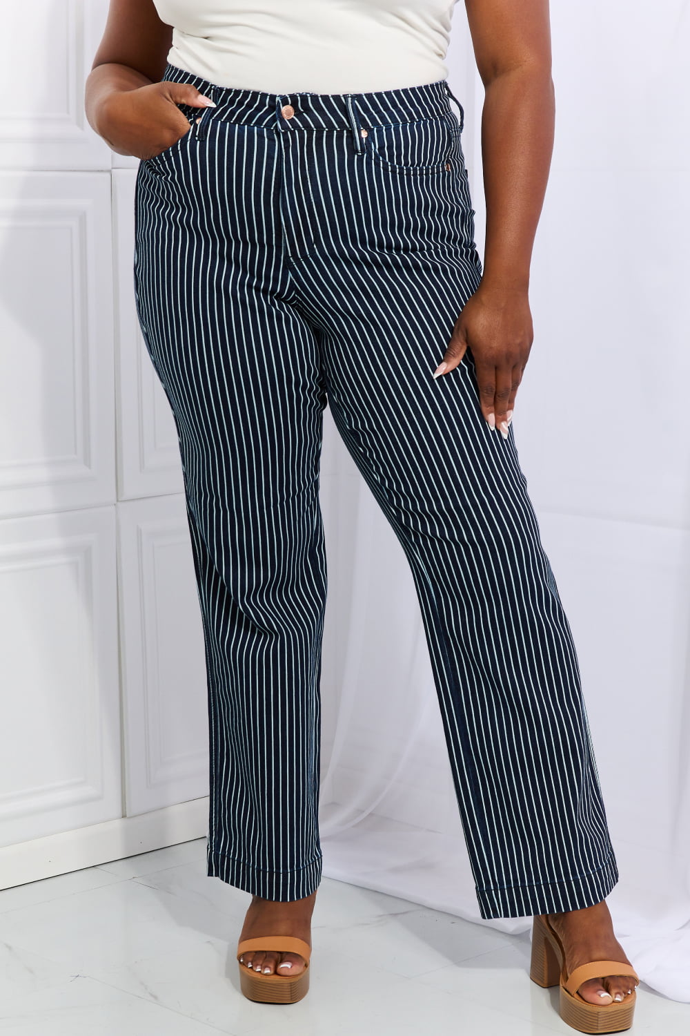 Cassidy Tummy Control Striped Straight Jeans | Judy Blue