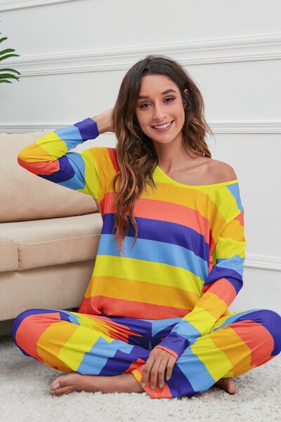 Striped Top & Drawstring Pants Lounge Set