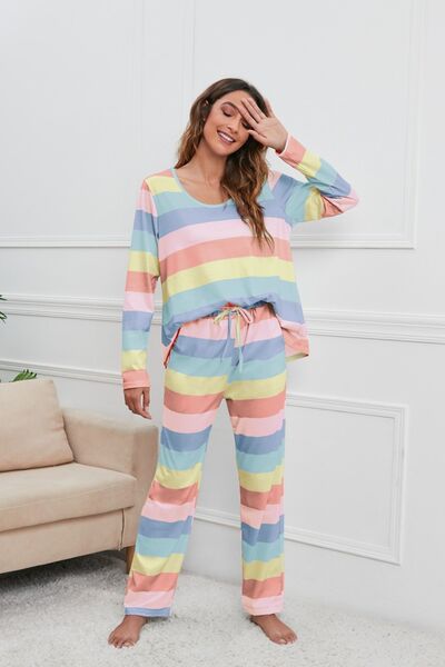 Striped Top & Drawstring Pants Lounge Set