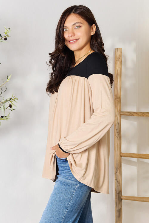 Contrast Long Sleeve Ruched Top