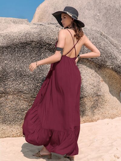 Crisscross Drawstring Ruffle Trim Maxi Dress